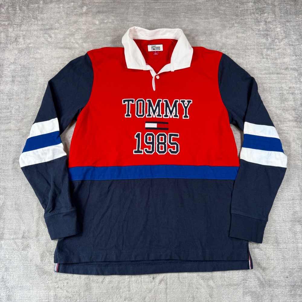 Tommy Hilfiger Denim Shirt Mens Medium Red Rugby Colorblock Long Sleeve Top